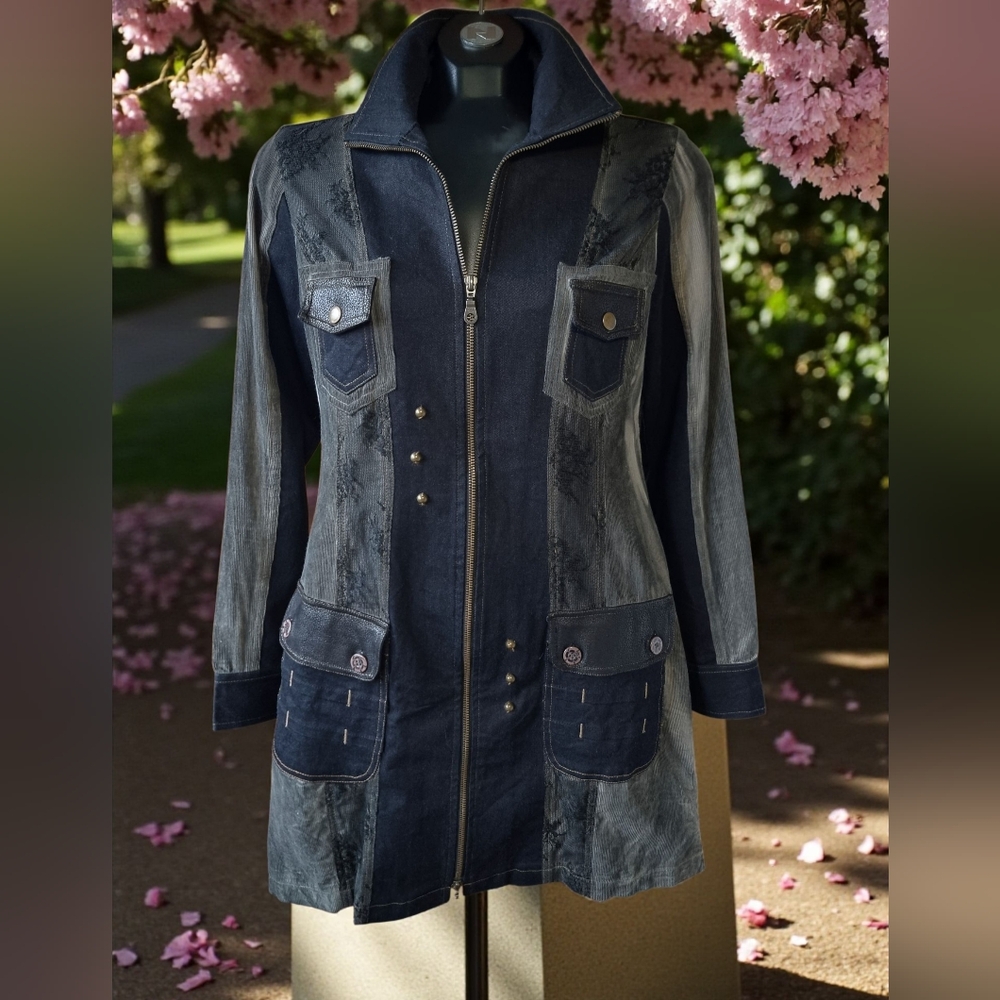 Mango Tango Stylish Denim Lace & Fine Corduroy Women's Long Jacket Sz M